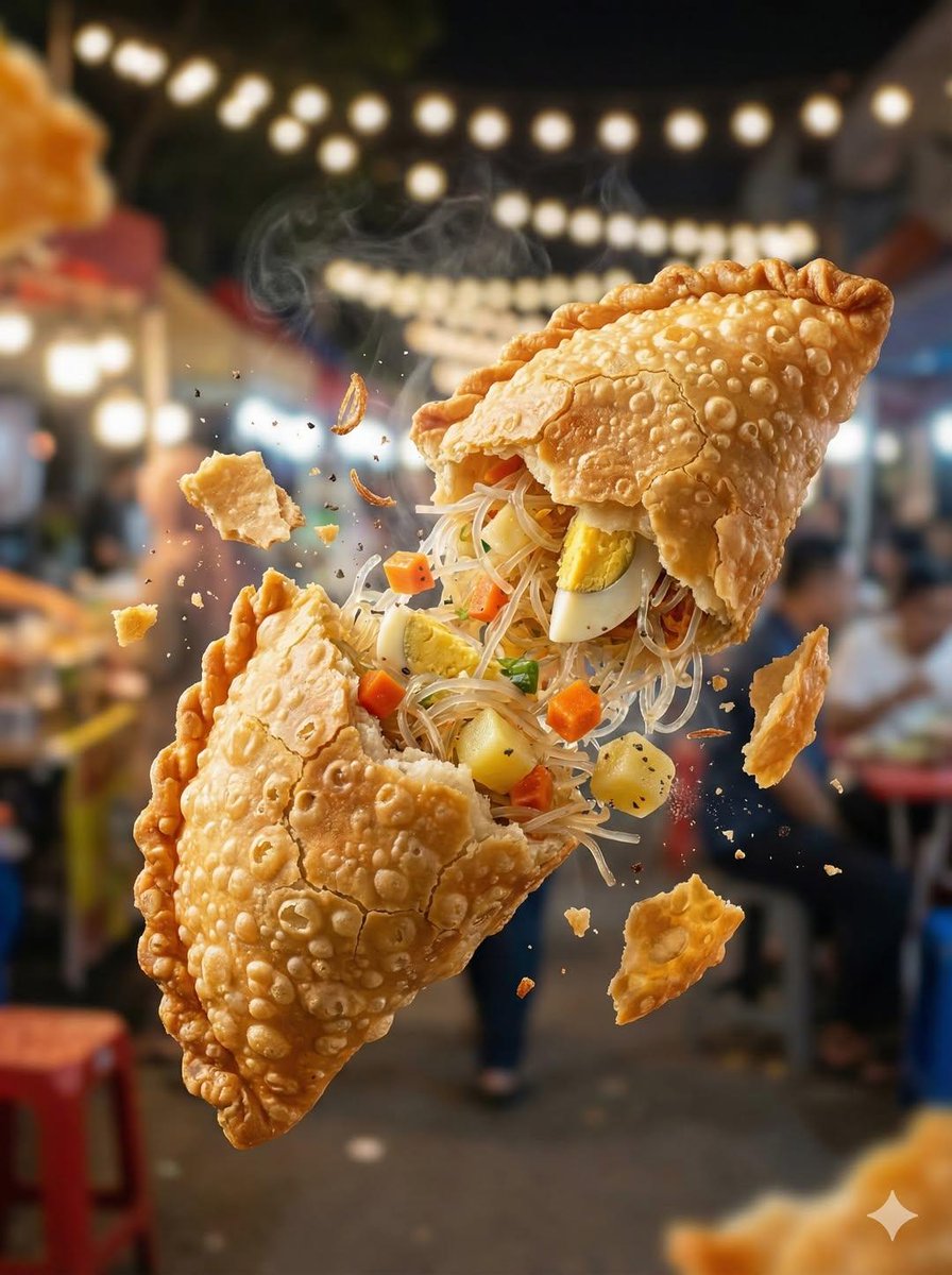 Macro Food Photography of a Crispy Martabak Telur Tearing Open — Nano Banana Pro image prompt example