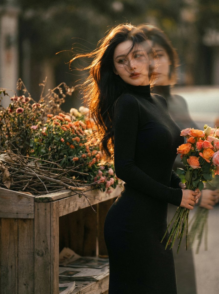 Cinematic, Dreamy Portrait of a Young Woman in a Black Fitted Dress — Nano Banana Pro image prompt example