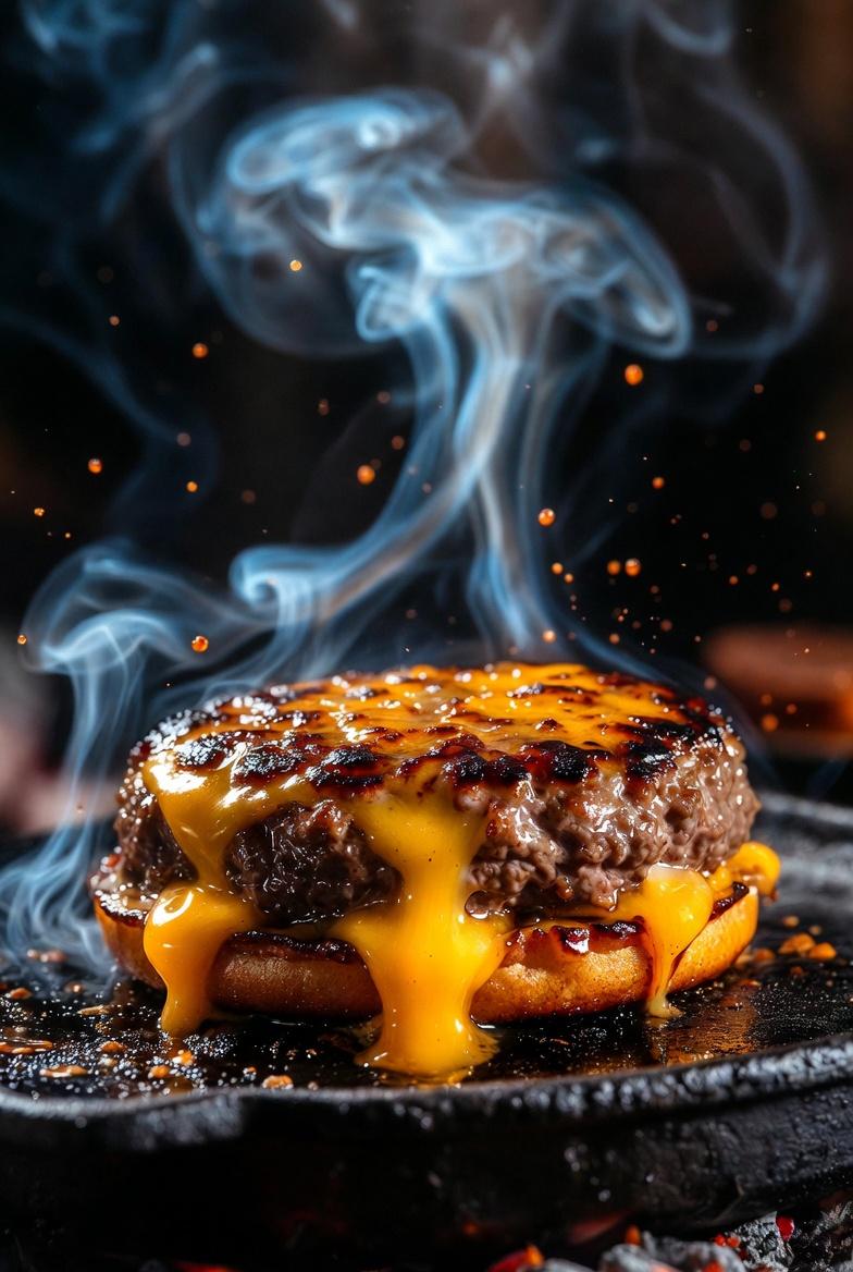 Hyper-realistic, Cinematic Close-up of a Sizzling Gourmet Cheeseburger — Nano Banana Pro image prompt example