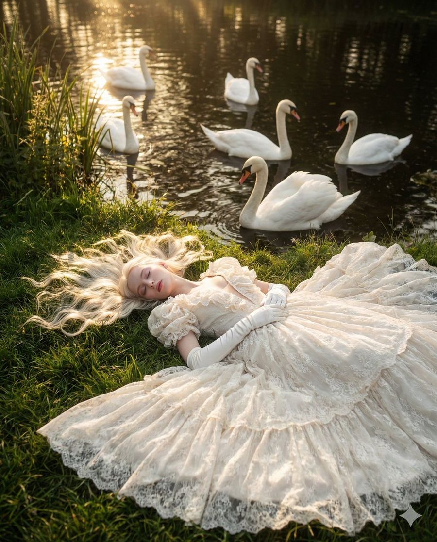 Ethereal Fantasy Portrait of a Young Woman Lying on Grass by a Dark — Nano Banana Pro image prompt example