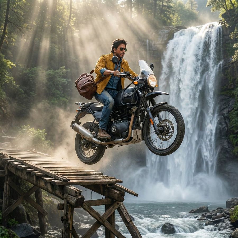 Full-body Action Shot of SRK Jumping His Motorcycle Over a Broken — generated with Nano Banana Pro