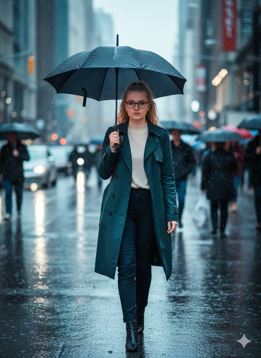 Ultra Realistic Cinematic Street Photo of a Girl Walking Toward — Nano Banana Pro image prompt example
