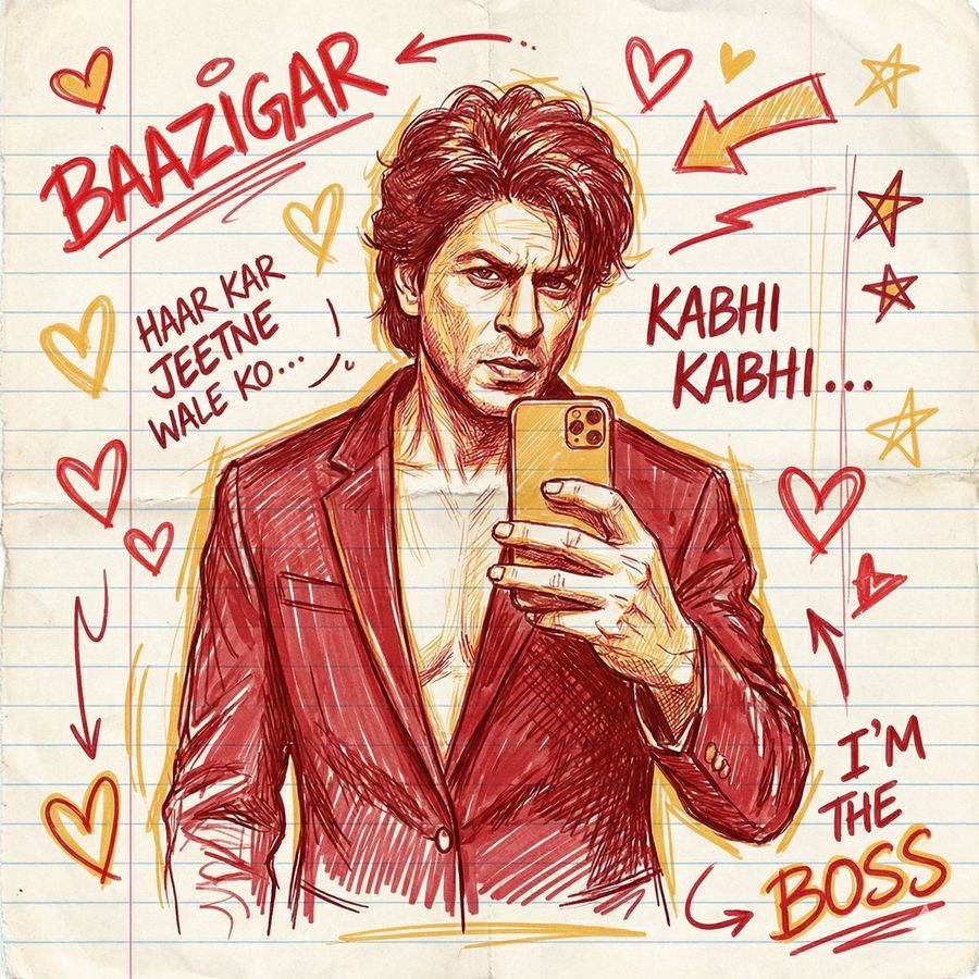 Trendy Hand-sketched Illustration of Shah Rukh Khan of Baazigar Movie — Nano Banana Pro image prompt example