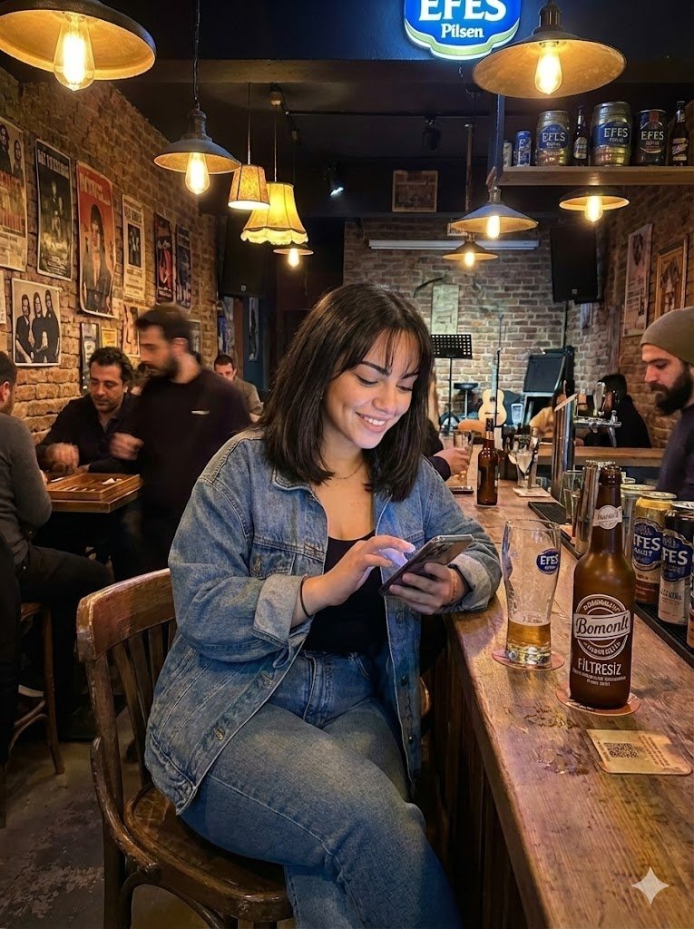 Candid Indoor Shot Inside a Warm, Dimly Lit Pub or Bar with Exposed — Nano Banana Pro image prompt example
