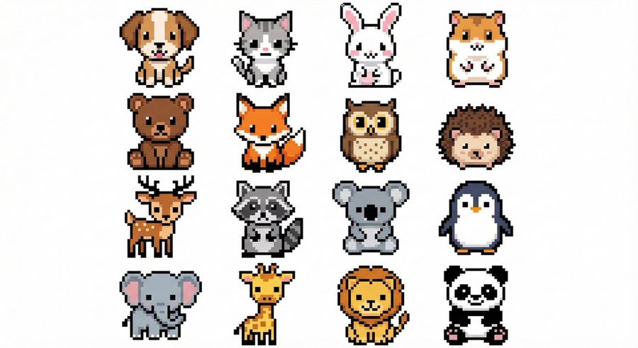 Cute, Colorful Animals in a Pixel Art Style, Arranged in a 4x4 Grid — Nano Banana Pro image prompt example