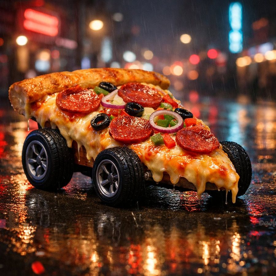 Surreal Pizza Slice Transformed Into a Car Realistic Rubber Wheels — Nano Banana Pro image prompt example