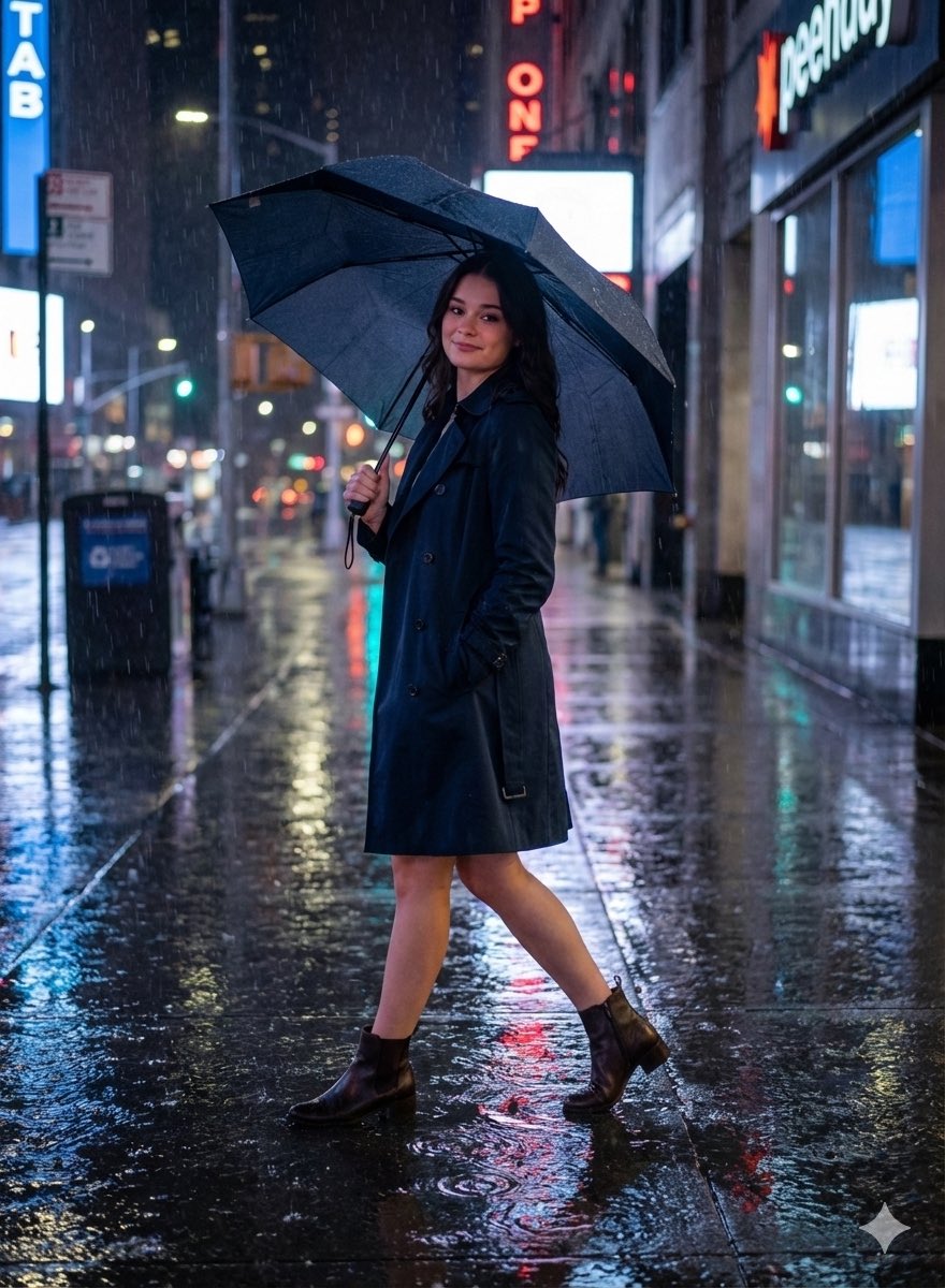 Female Walking, Holding Umbrella, Relaxed Stride — Nano Banana Pro image prompt example