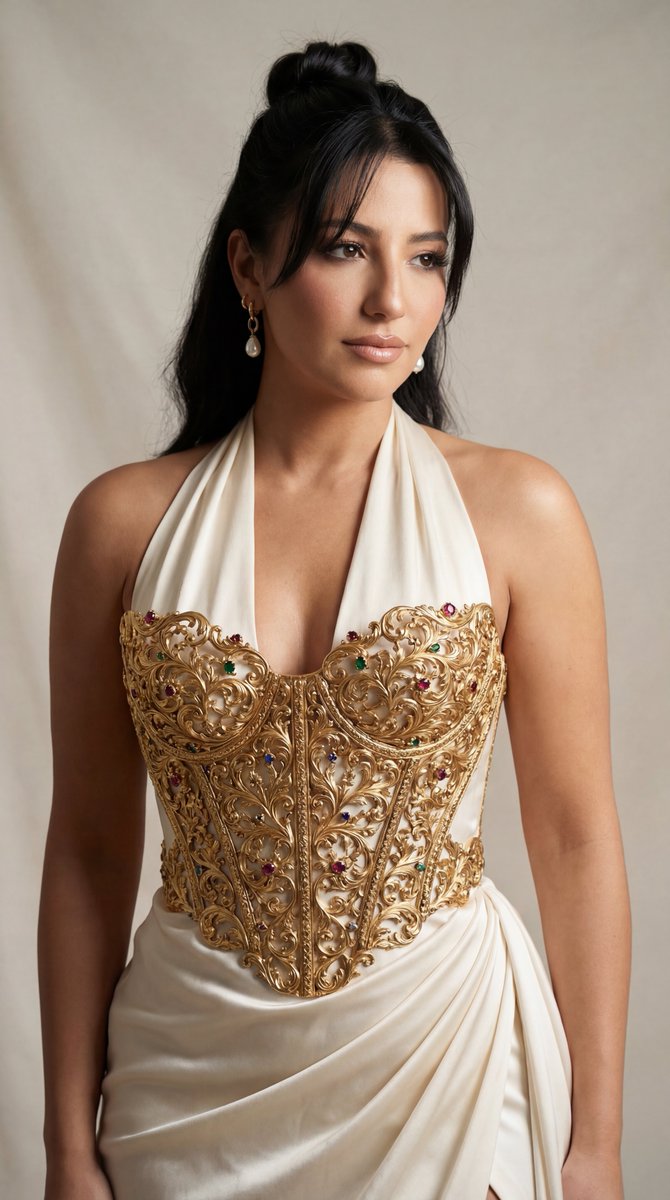 High Fashion Editorial Portrait, Couture Halter Draped Silk Gown — Nano Banana Pro image prompt example
