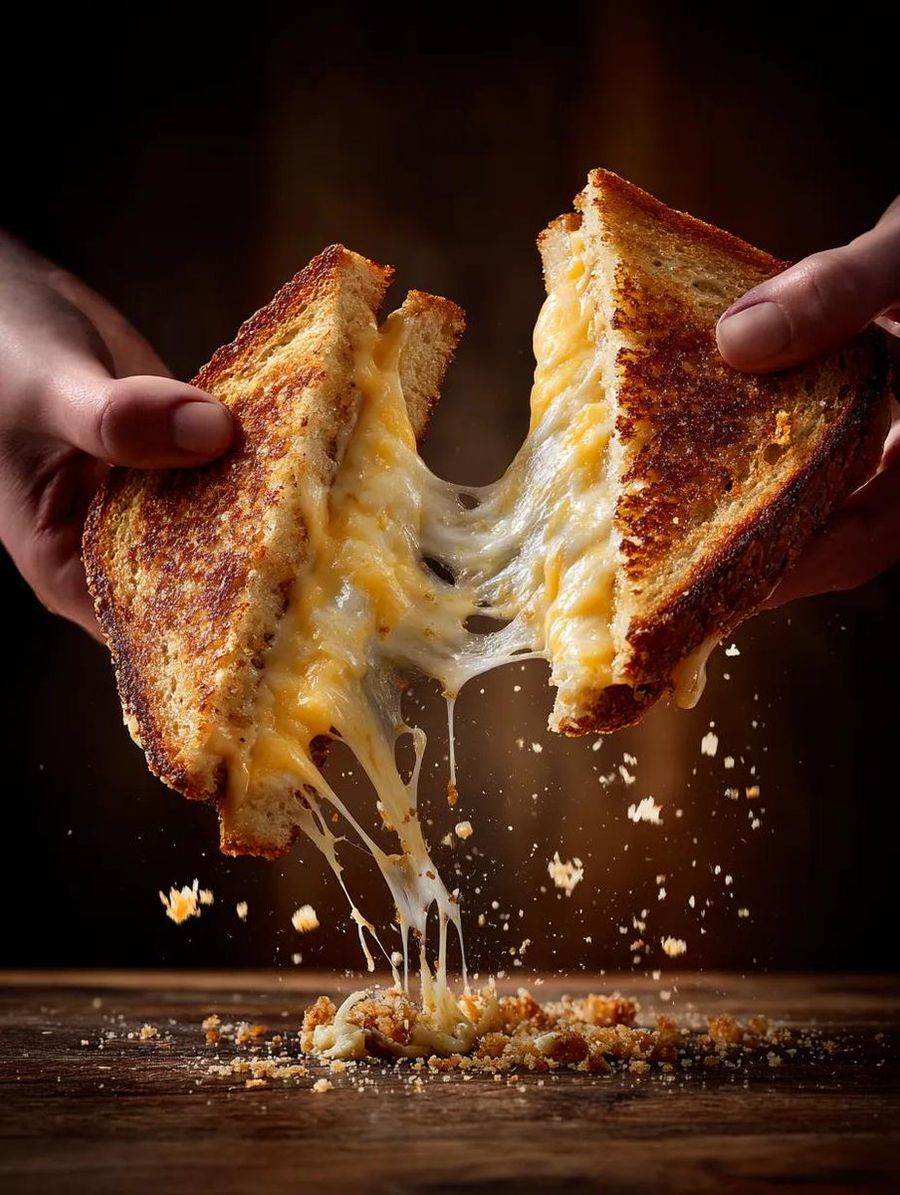 Two Hands Pulling Apart a Grilled Cheese Sandwich, Strands of Melted — Nano Banana Pro image prompt example