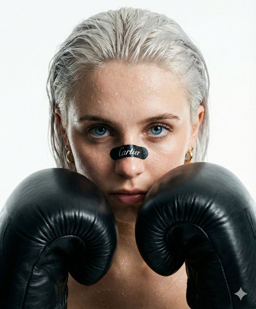 Young Female Boxer with a Piercing Gaze, Wet Dark Hair Slicked Back — Nano Banana Pro image prompt example
