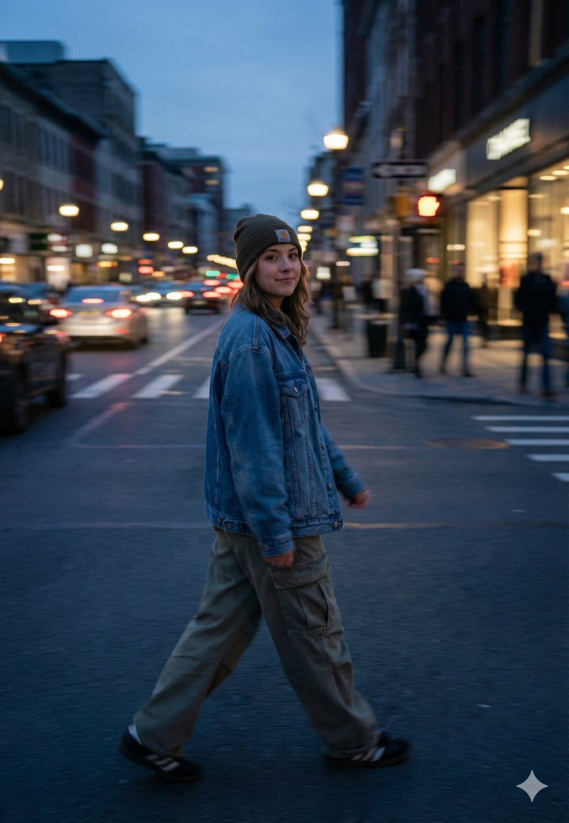 Blue-hour City Street Crossing with Motion Blur and Glowing Bokeh — Nano Banana Pro image prompt example