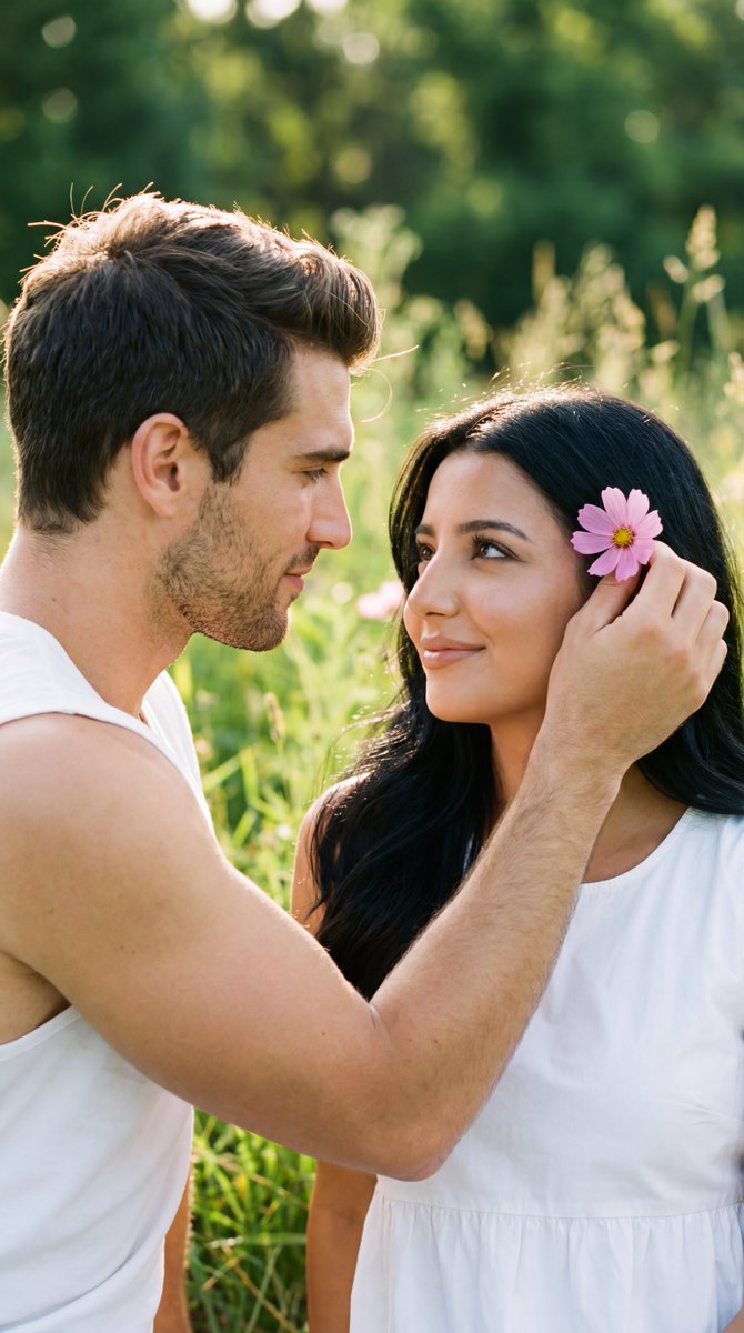 Intimate Romantic Close-up in a Lush Green Meadow: the Man Gently — Nano Banana Pro image prompt example