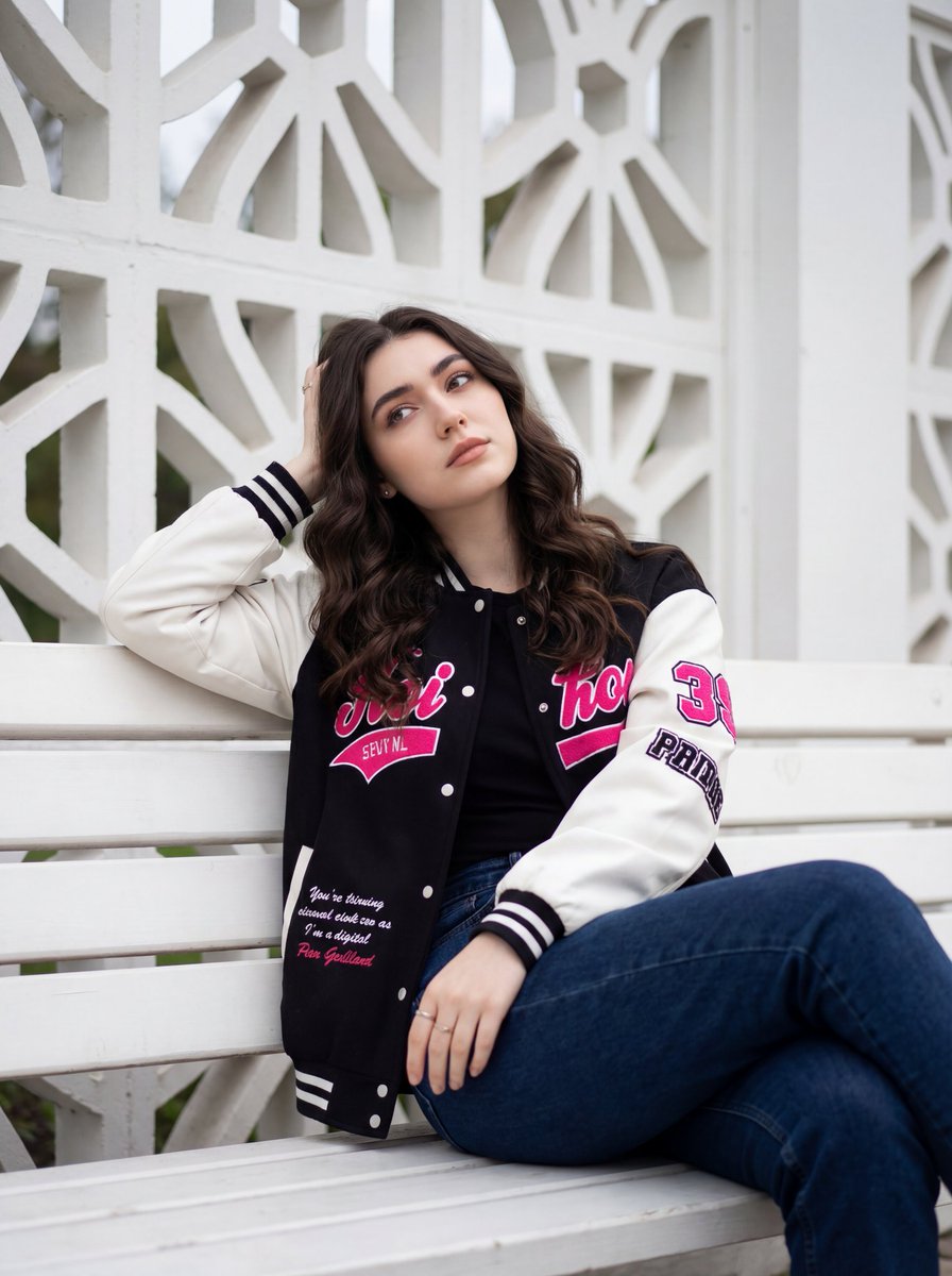 Young Woman Is Sitting Casually on a White Wooden Bench, Positioned — Nano Banana Pro image prompt example