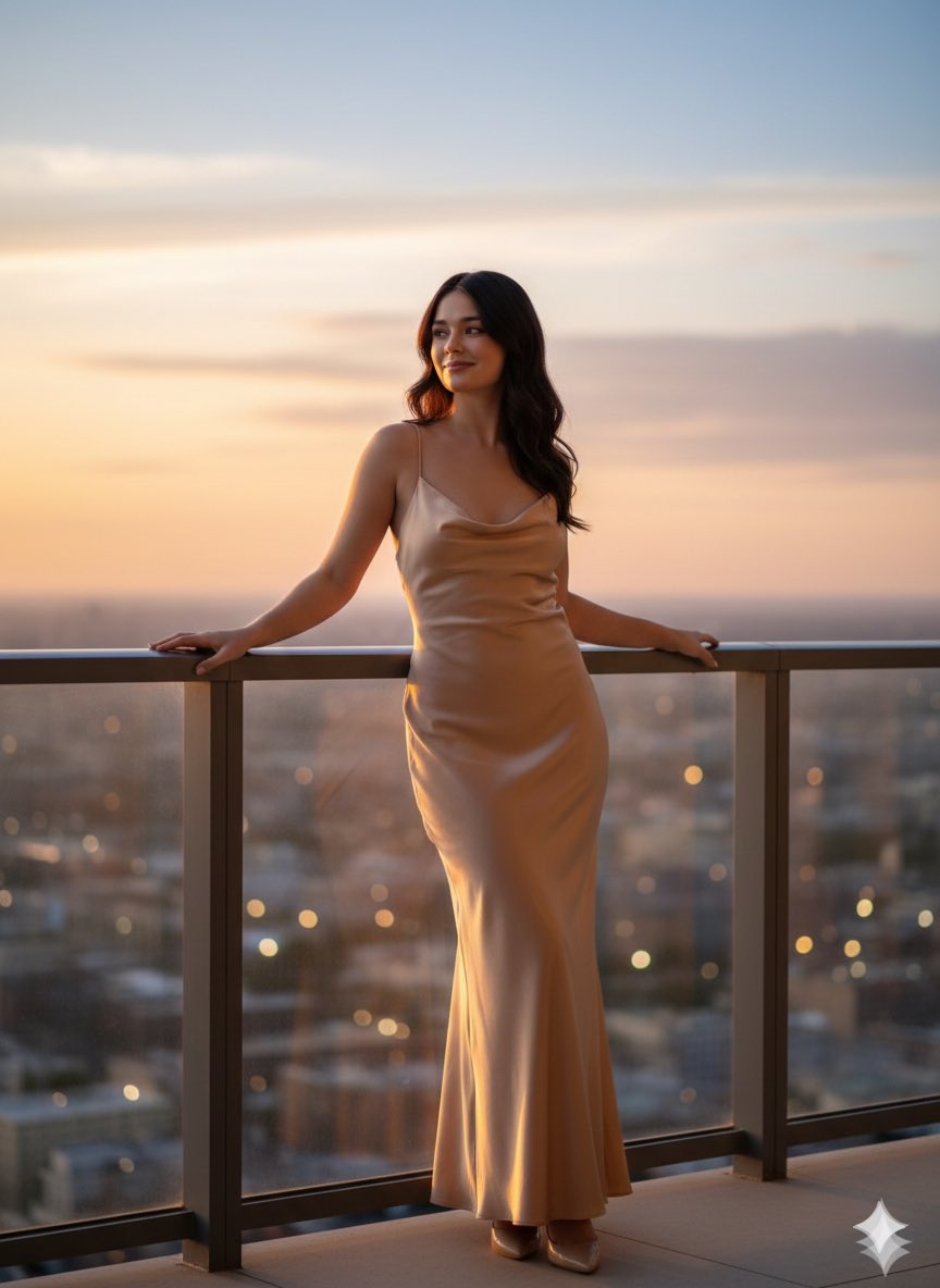 Female Leaning Slightly on Balcony Railing — Nano Banana Pro image prompt example