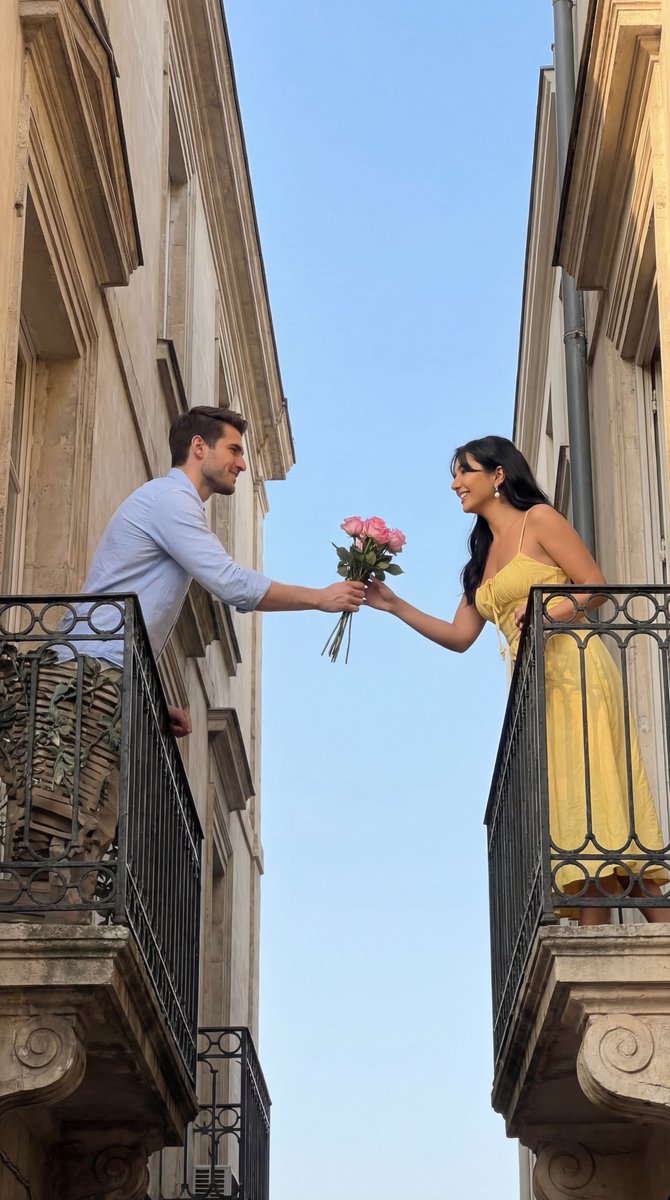 Cinematic Romantic Editorial Shot: Two People on Opposite Balconies — Nano Banana Pro image prompt example
