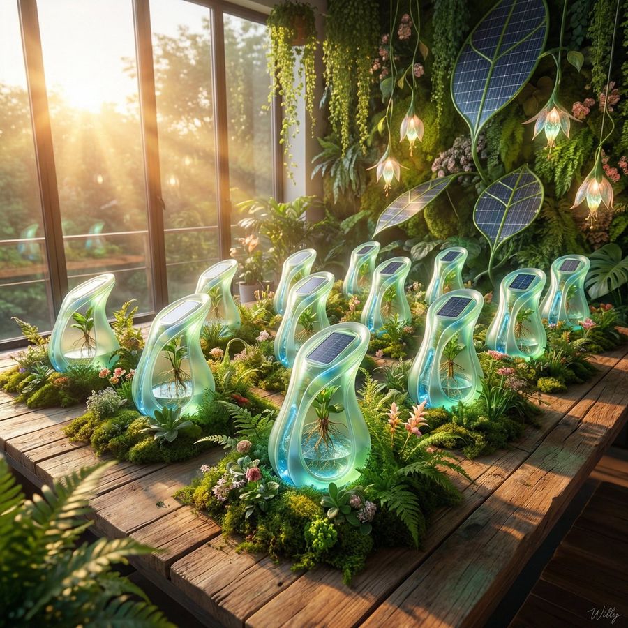 Stunning Solarpunk Product Showcase Featuring an Elegant Grid — Nano Banana Pro image prompt example