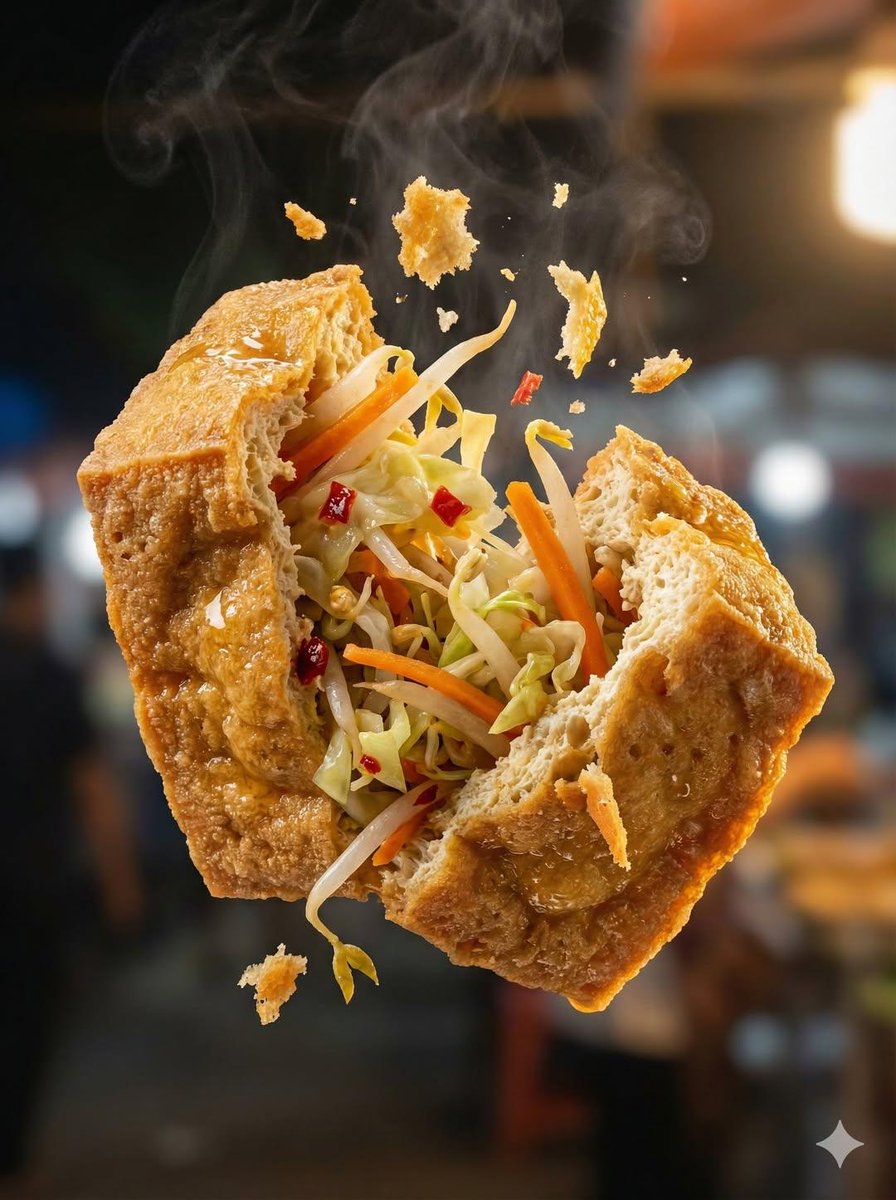 Macro Food Photography of a Crispy Martabak Telur Tearing Open — Nano Banana Pro image prompt example