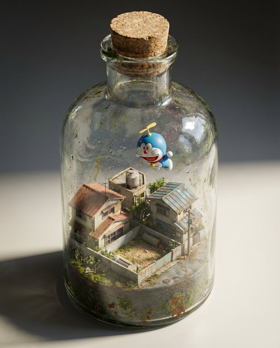 Diorama of a Tiny [Doraemon] Trapped Inside an Old Glass Medicine — Nano Banana Pro image prompt example