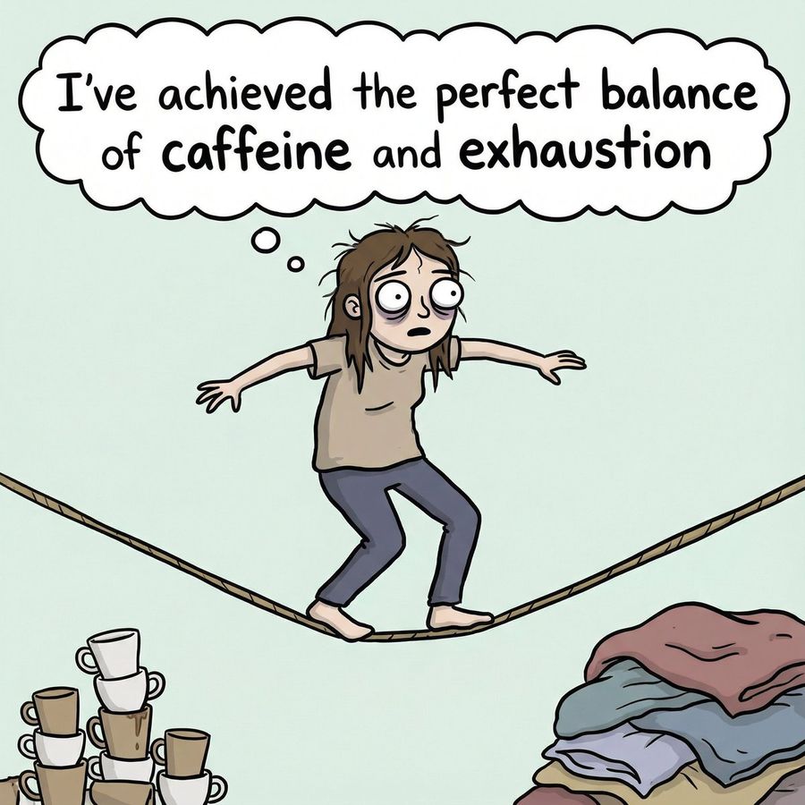 Meme: "I've Achieved the Perfect Balance of Caffeine and Exhaustion — Nano Banana Pro image prompt example