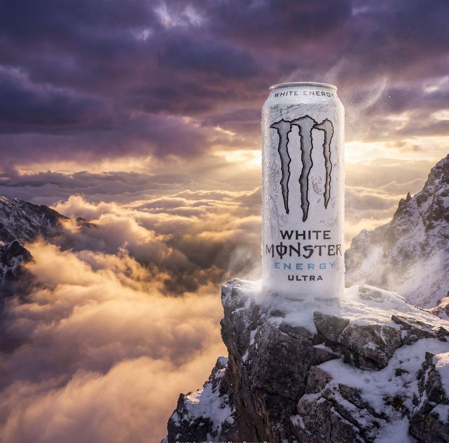 Ultra Realistic Cinematic Image of a White Monster Energy Ultra Can — Nano Banana Pro image prompt example