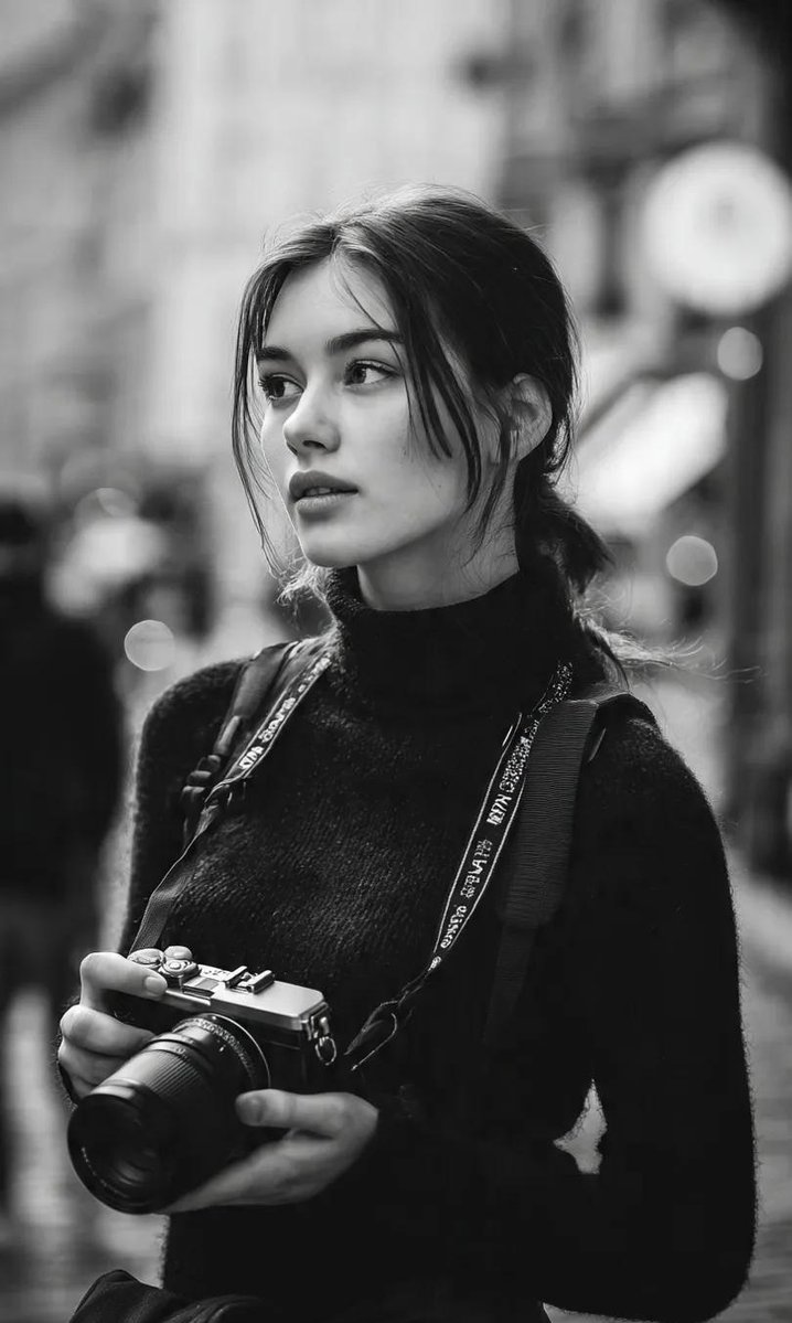 Cinematic Black-and-white Street Portrait of a Young Woman — Nano Banana Pro image prompt example