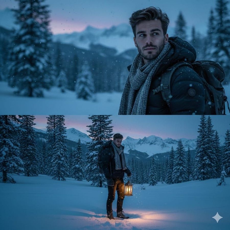 Cinematic Winter Portrait of a Handsome Man Standing in a Snowy Pine — Nano Banana Pro image prompt example