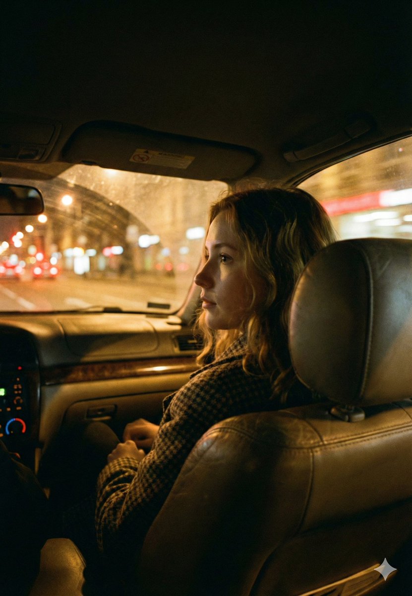 Cinematic Night Car Interior Portrait, Passenger Seat View, Warm City — Nano Banana Pro image prompt example