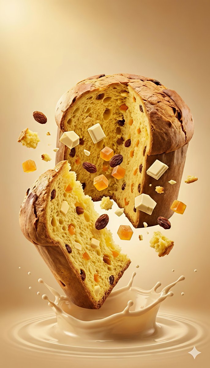 Dynamic Food Photography of a Sliced Panettone with Flying — Nano Banana Pro image prompt example