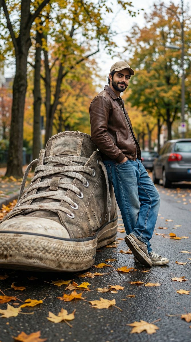 Cinematic Forced-perspective Street Photography Scene Where a Giant — Nano Banana Pro image prompt example
