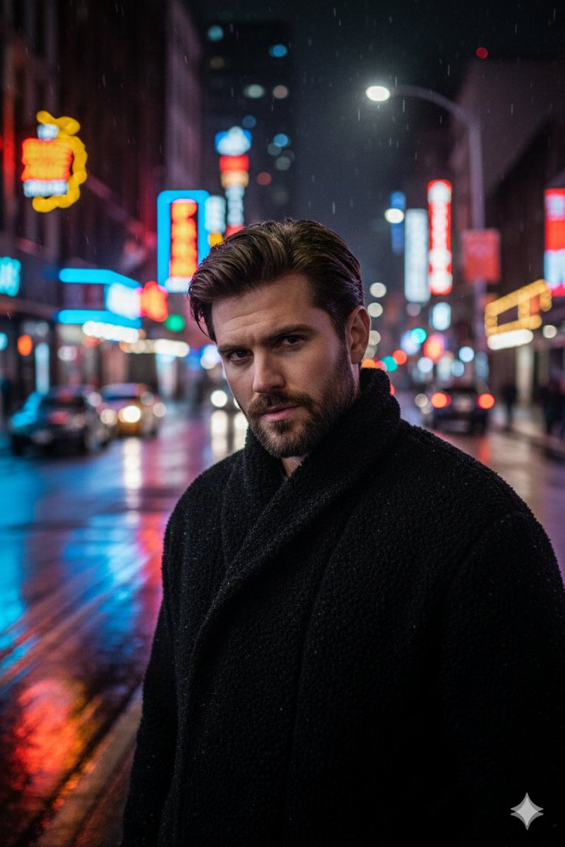 Cinematic Nighttime Street Portrait of a Handsome Man Standing Alone — Nano Banana Pro image prompt example