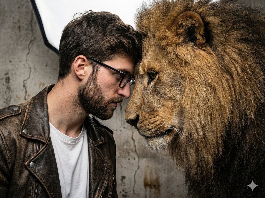 Gritty, Intense Portrait of a Man, a Friend of Real Lion, Captured — Nano Banana Pro image prompt example