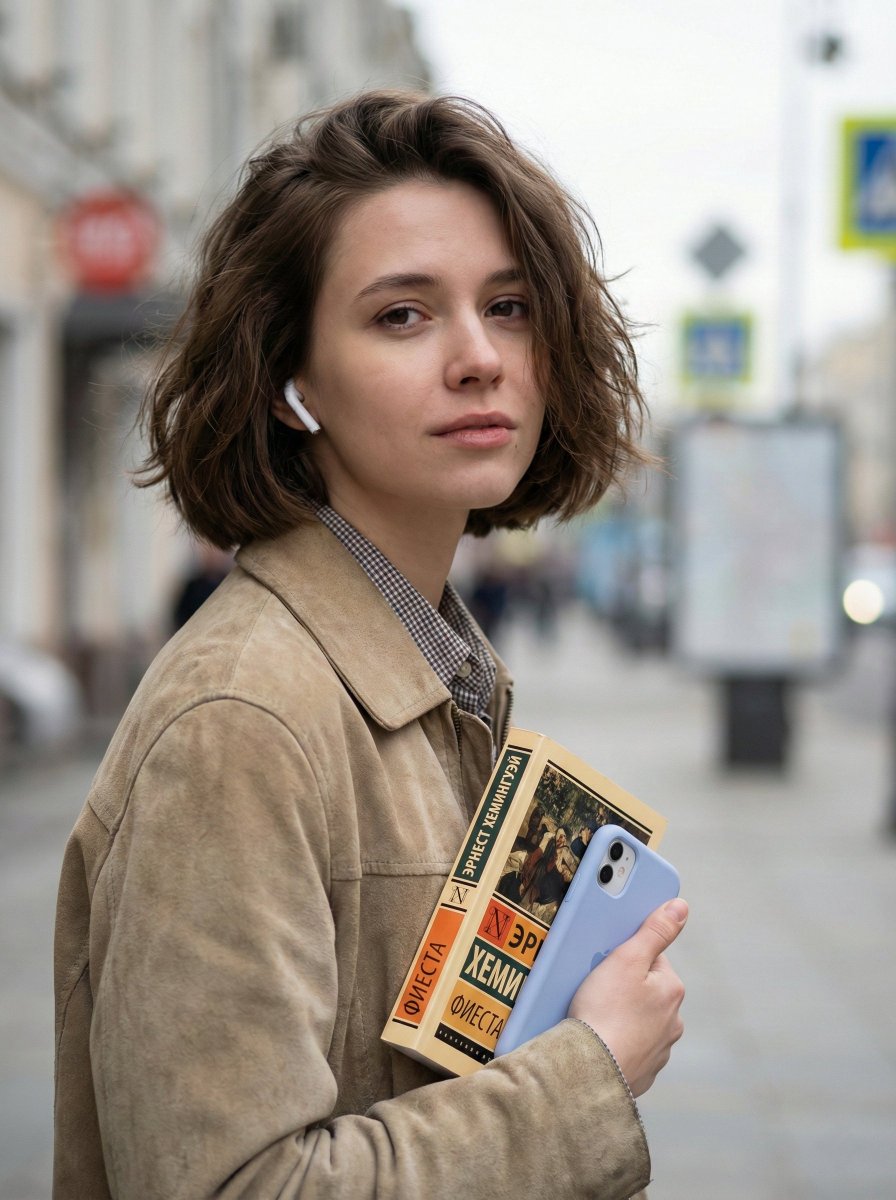 Photorealistic Street Portrait of a Young Woman with a Short, Messy — Nano Banana Pro image prompt example