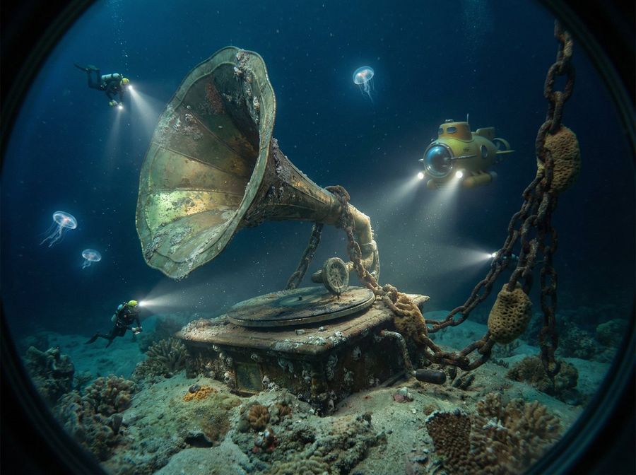 As a Sunken Artifact on the Ocean Floor, Miniature Divers — Nano Banana Pro image prompt example