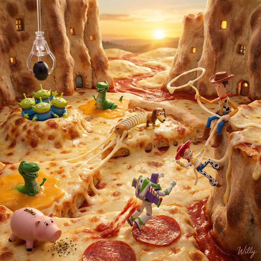 Micro Diorama Food Photography: TOY STORY Characters Living INSIDE — Nano Banana Pro image prompt example