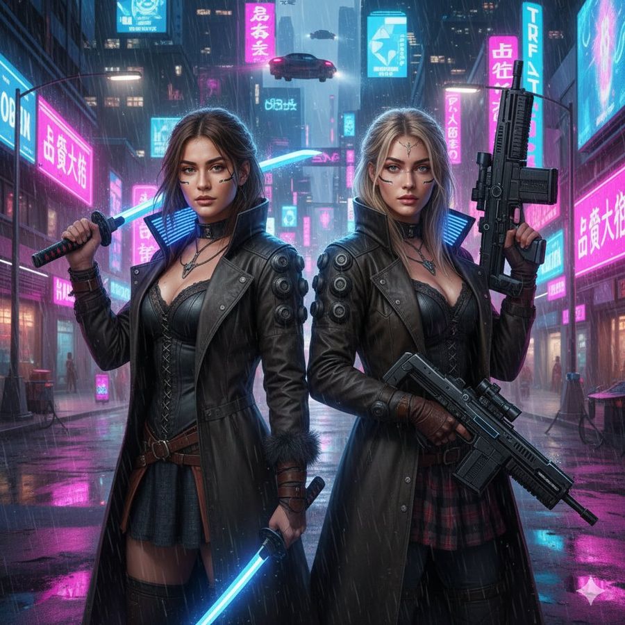 Two Stunning Cyberpunk Mercenary Women Riding Futuristic Motorcycles — Nano Banana Pro image prompt example