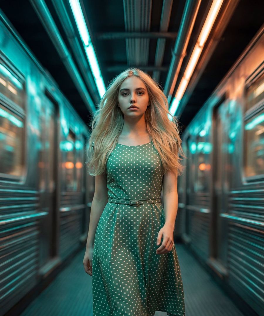 Cinematic Portrait of a Young Woman Walking Through a Futuristic — Nano Banana Pro image prompt example