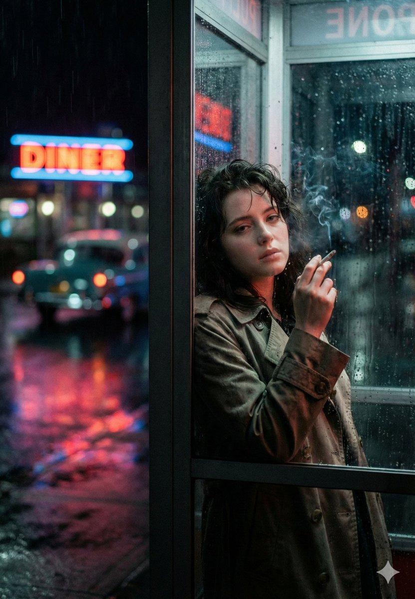 Young Woman Standing Inside the Phone Booth, Leaning Slightly Against — Nano Banana Pro image prompt example