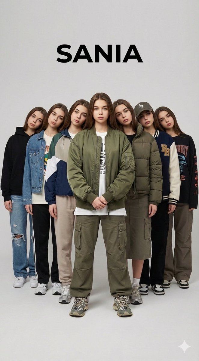 Six Identical Female Clones of the Central Woman — Nano Banana Pro image prompt example