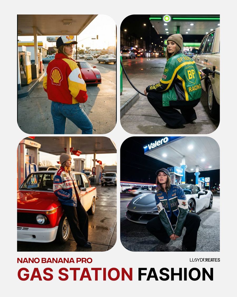 Outdoor at a Gas Pump at the Chosen Gas Station — Nano Banana Pro image prompt example