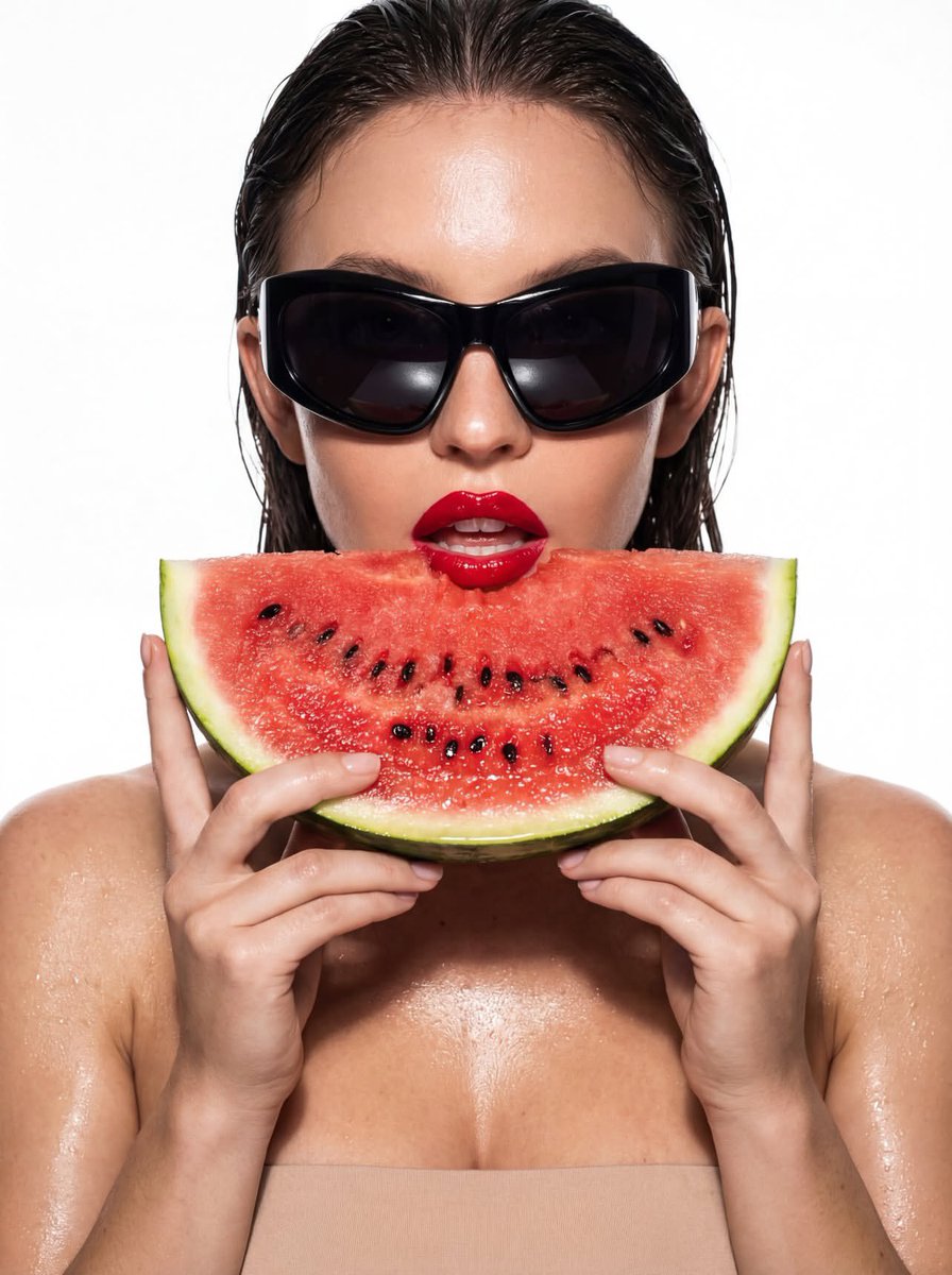 Woman with Wet Slicked-back Hair, Bold Glossy Red Lips, Wearing — Nano Banana Pro image prompt example
