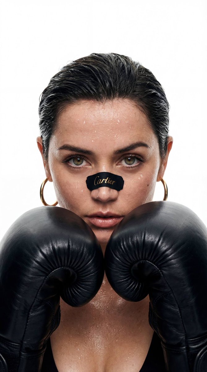 Young Female Boxer with a Piercing Gaze, Wet Dark Hair Slicked Back — Nano Banana Pro image prompt example