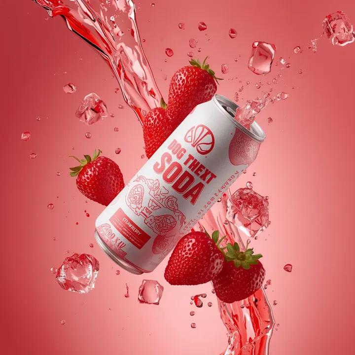 Surreal Zero-gravity Product Video Featuring a Strawberry Soda Can — Nano Banana Pro image prompt example