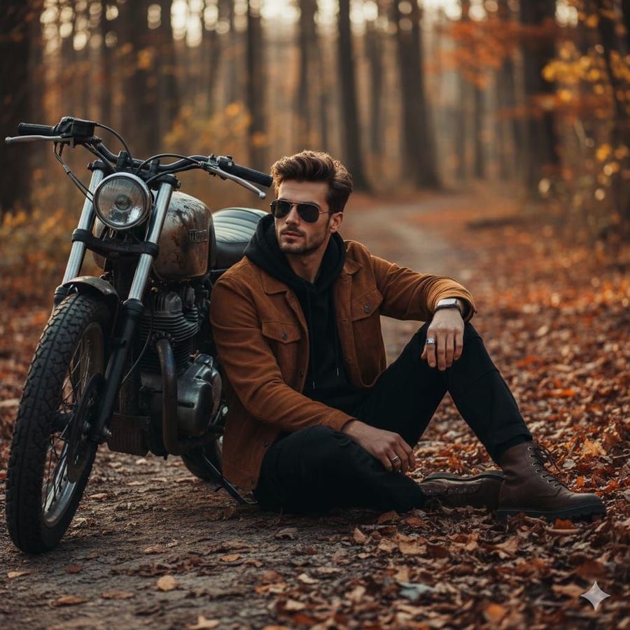 Cinematic Autumn Portrait of a Stylish Man Sitting on a Forest Path — Nano Banana Pro image prompt example