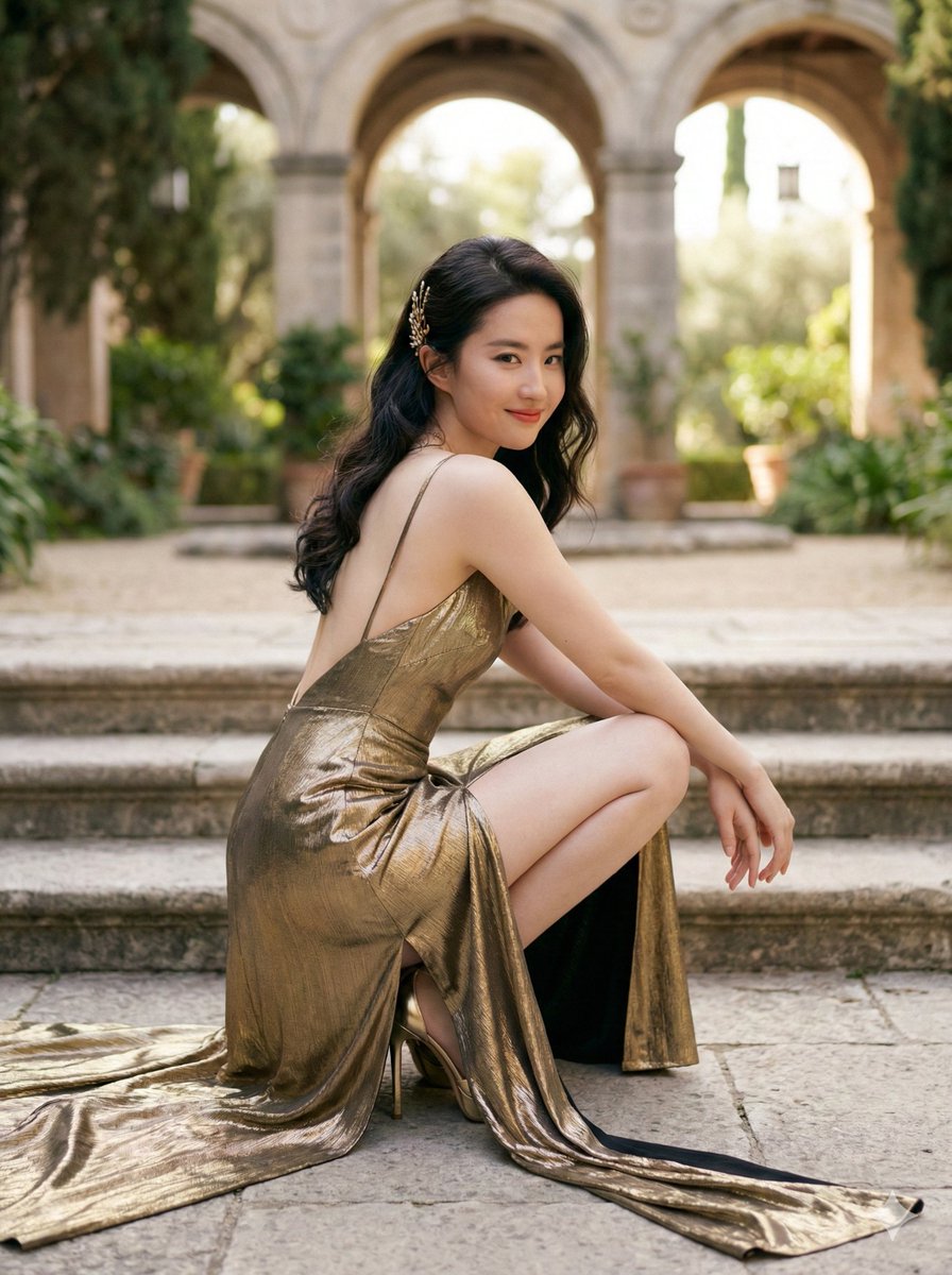 Woman I Uploaded Posing in an Elegant Outdoor Courtyard with Stone — Nano Banana Pro image prompt example