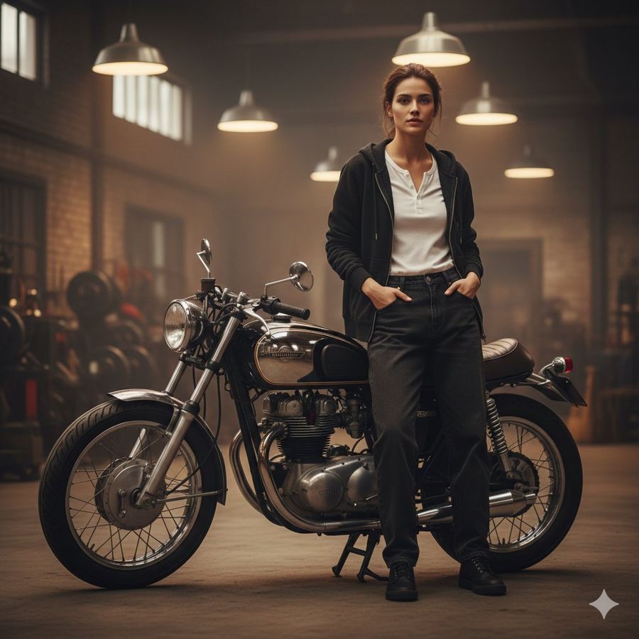 Cinematic Medium Shot of a Rugged, Handsome Woman Leaning Against — Nano Banana Pro image prompt example