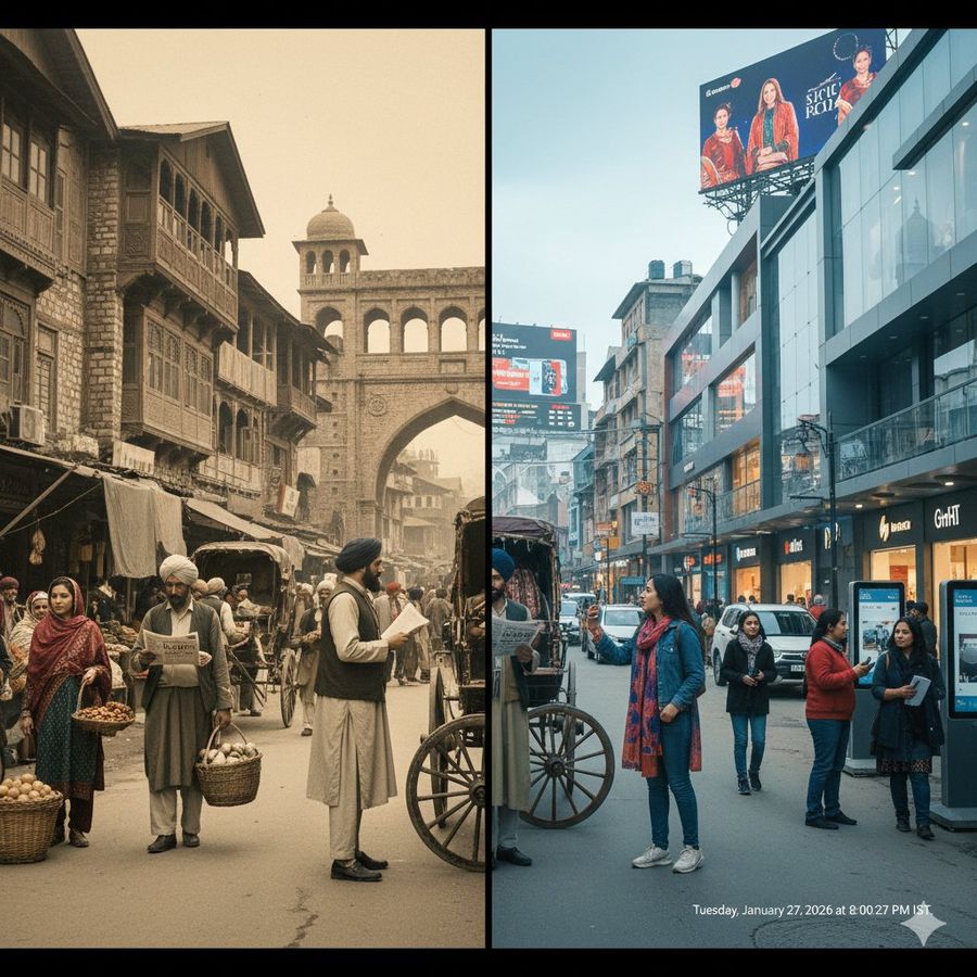 Horizontal Split-screen Cinematic Shot of Lalchowk, Kashmir India — Nano Banana Pro image prompt example