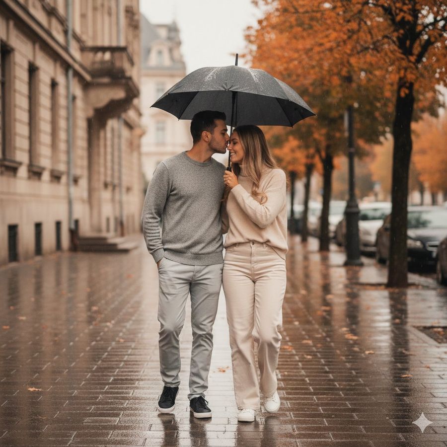 Young Couple Walking Arm in Arm Under a Black Umbrella, the Man — Nano Banana Pro image prompt example