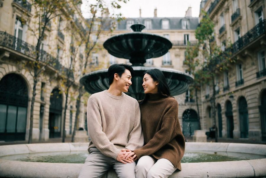 Cinematic Romantic Street Photography of a Couple Sitting — Nano Banana Pro image prompt example