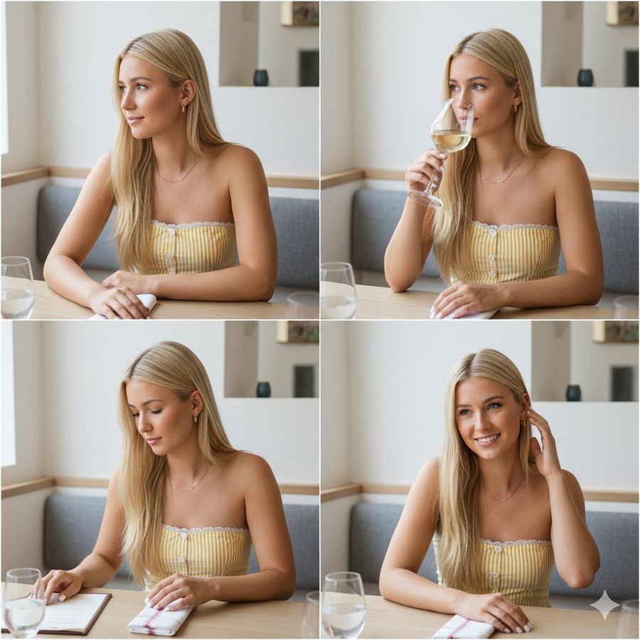 Young Woman Seated at a Restaurant Table — Nano Banana Pro image prompt example