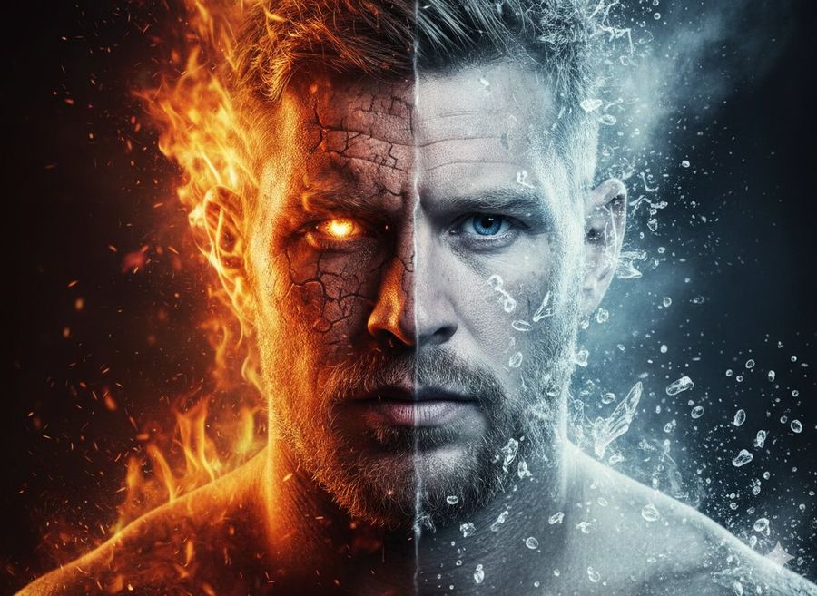 Hyperrealistic Close-up Portrait of a Man's Face Split Between Fire — Nano Banana Pro image prompt example